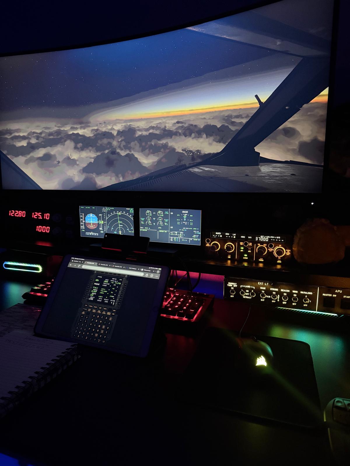 Home simulator cockpit at night